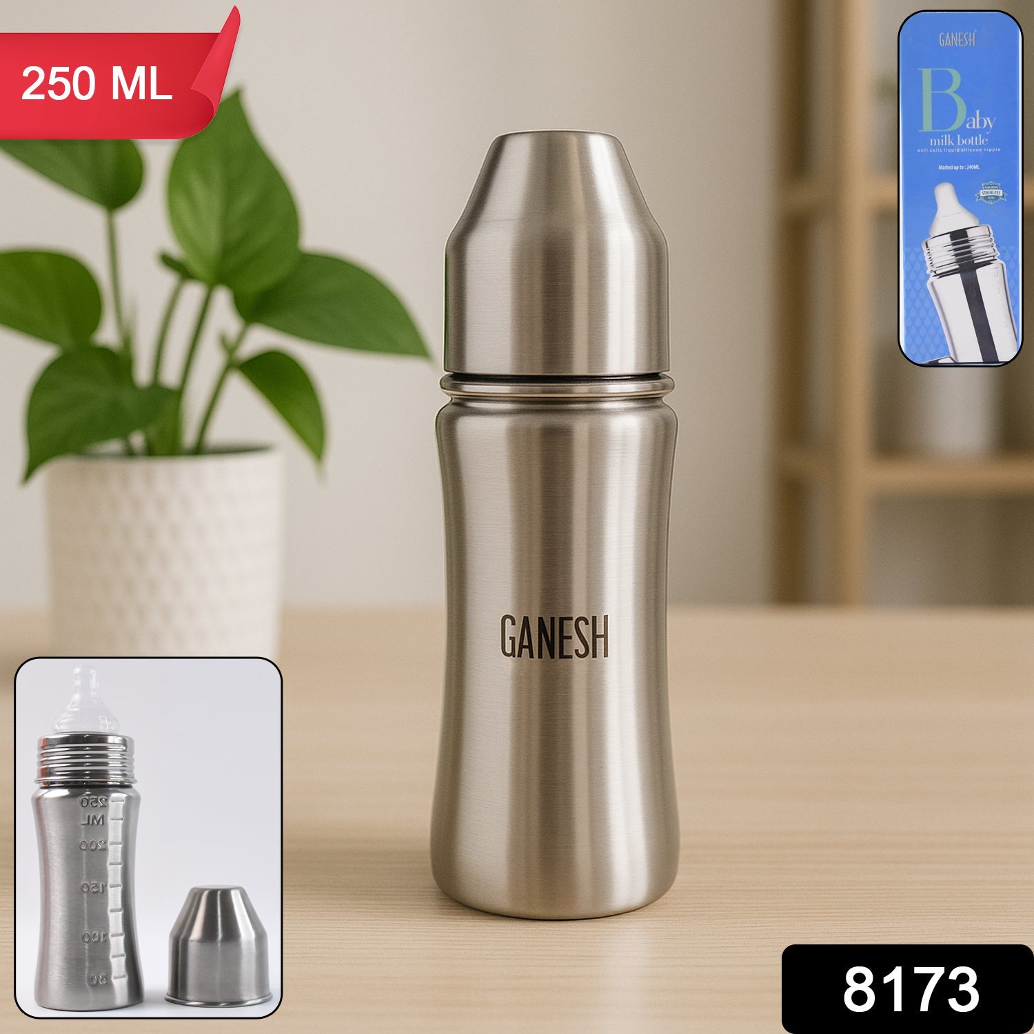 Ganesh Stainless Steel Baby Feeding Bottle, Milk Bottle for New Born / Infants / Toddler Up to 3 Years, BFA Free (250 ML Approx) Ganesh Stainless Steel Baby Feeding Bottle, Milk Bottle for New Born / Infants / Toddler Up to 3 Years, BFA Free (250 ML Approx)